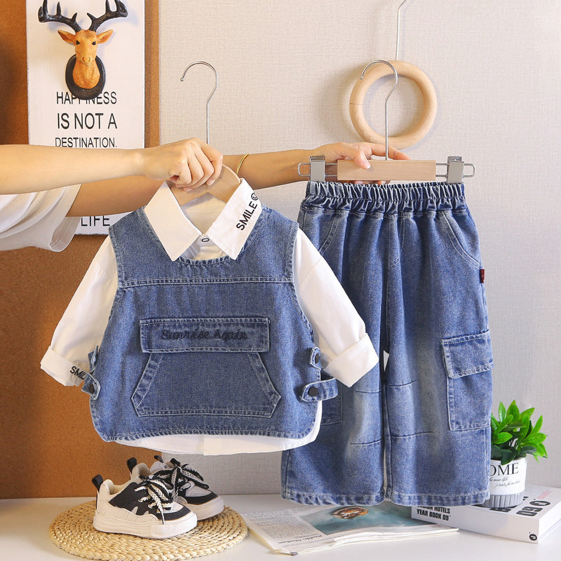 Boys' Spring Autumn Outfit: Stylish Infant and Toddler Denim Vest with Large Pockets, Three-Piece Set, 2026 Fall Fashion for Baby Boys
