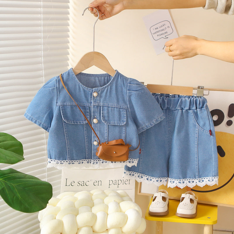 Girls' Outfit 2026 New Style: Lace Hem Denim Short Sleeve Shorts Two-Piece Set, Stylish Baby Summer Fashion