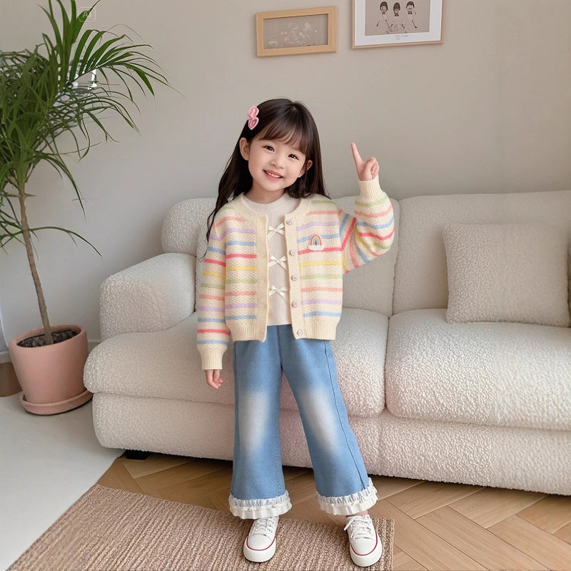 Girls' Outfit Spring and Autumn Colorful Sweater Cardigan Three-Piece Set Stylish for 2-Year-Old Girls 1-Year-Old Baby Girl Clothes