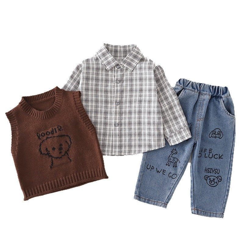 Boys' Outfit 2026 New Style Infant Children's Spring Autumn Puppy Sweater Vest Three-Piece Set Cute and Trendy for Baby Boys