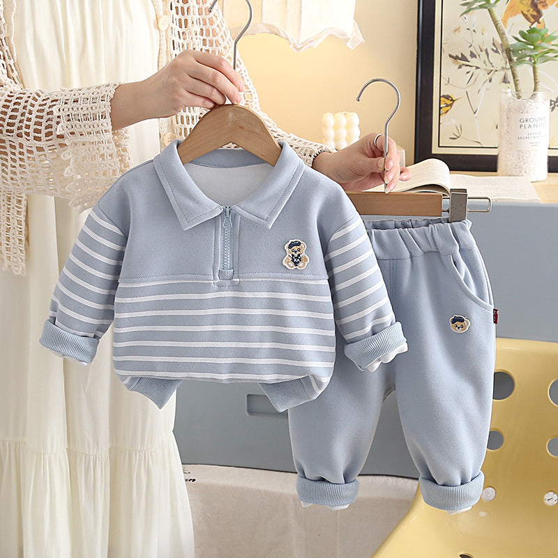 Baby Boy Outfit Set 1-3 Years Old, Korean Style Half-Zip Striped Bear Two-Piece Set, Boys' Infant Clothes for Spring and Autumn