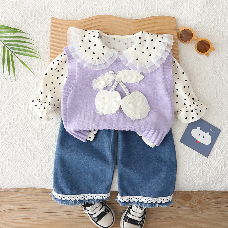 Girls' Outfit 2026 New Fashionable Children's Big Cherry Sweater Three-Piece Set Baby Spring and Autumn Clothes