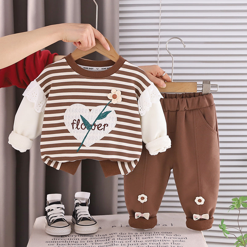 Girls' Striped Heart Flower Sweatshirt Set 2026 New Spring and Autumn Fashionable Baby Children's Casual Long Sleeve Two-Piece Outfit