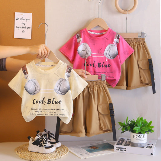 Boys' 2026 New Fashionable Children's Headphone Print Round Neck Short Sleeve Two-Piece Set Baby Summer Thin Trendy Outfit