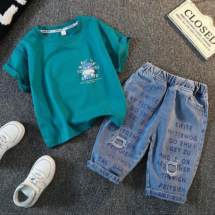Boys' Summer Outfit 2025 New Fashionable Children's Short Sleeve Set, Stylish Baby Denim Shorts Two-Piece Set