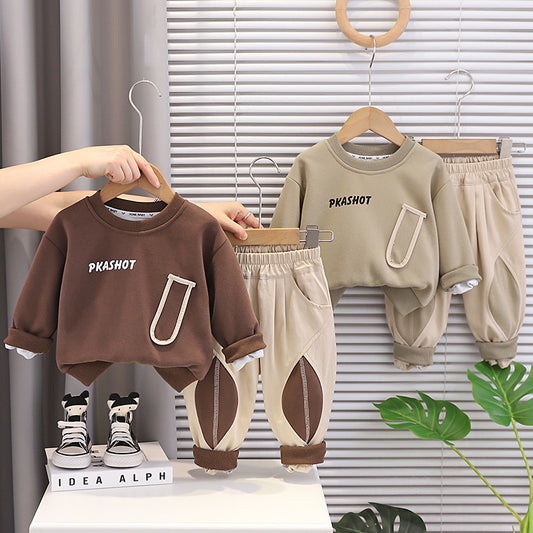 Boys' 2026 New Outfit Stylish Baby Spring Autumn Solid Color Sweatshirt Two-Piece Set, Infant and Toddler Clothes