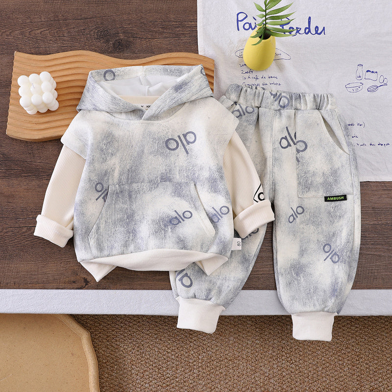 Boys' Autumn Casual Outfit, New Spring-Autumn Hooded Vest Three-Piece Set with Full Print for Infants and Children