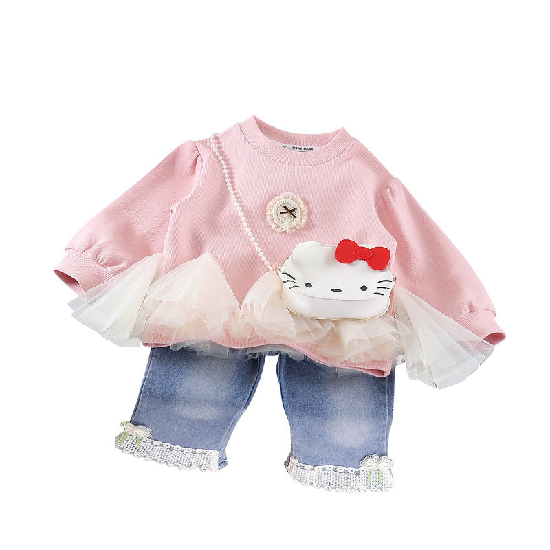 2026 New Girls' Spring and Autumn Outfit Baby Casual Stylish Sweatshirt Children's Long Sleeve Cat Bag Two-Piece Set