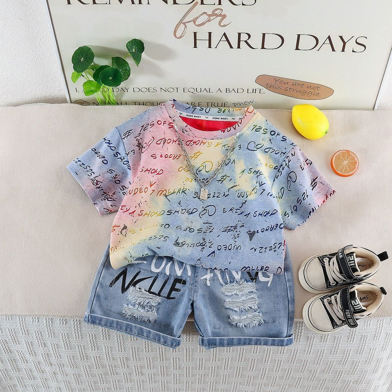 Boys' Short-Sleeve Suit 2026 New Summer Fashionable English Casual Two-Piece Outfit for Baby Boys Children's Clothing