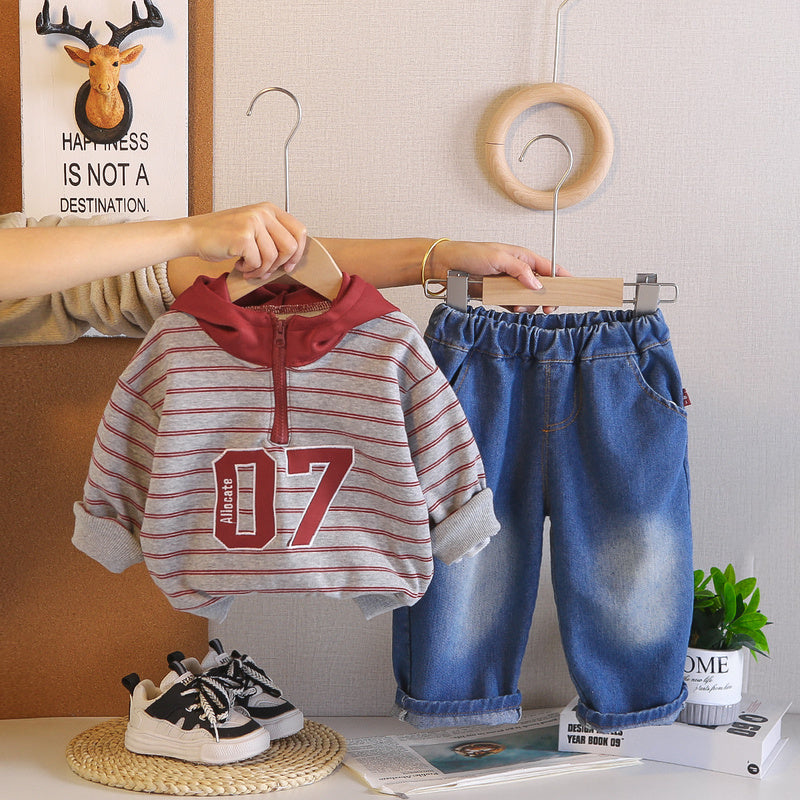 Outfit Set 2026 New Fashionable Toddler Boy Spring and Autumn Striped Hoodie Two-Piece Baby Clothes
