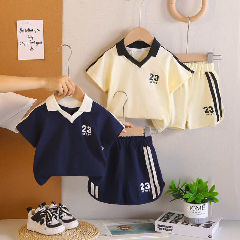 Boys' Summer Outfit 2026 New Korean Baby Suit with Turn-down Collar, College Style Short Sleeve, Stylish Casual Two-piece Set for Young Boys