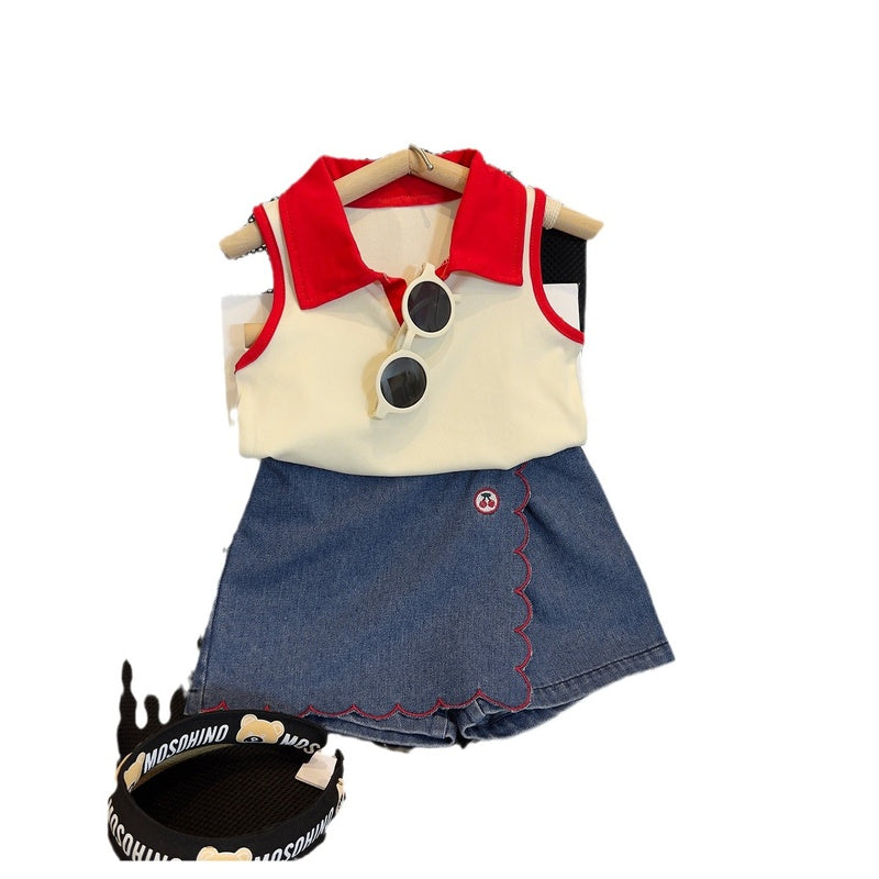 Cute Summer Two-Piece Set for Girls: Fashionable Collared Vest Top with Lace and Embroidered Jeans