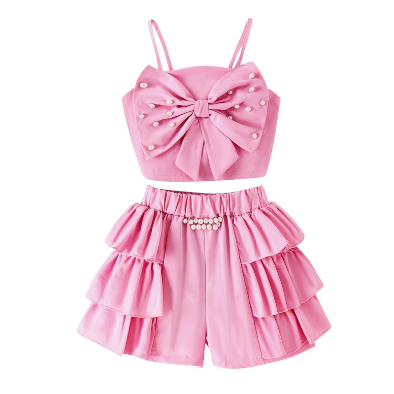 Baoxin Children's Clothing Cross-Border European and American Summer New Girls' Outfit: Pearl Bow Strap Top + Cake Hem Shorts