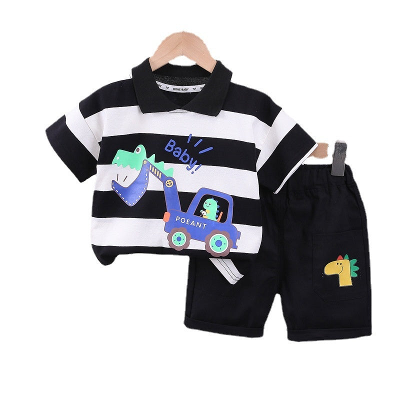 Boys' Outfit Set Korean Style Trendy Children's Striped Cartoon Excavator Short Sleeve Clothing for One-Year-Old Baby Summer Clothes