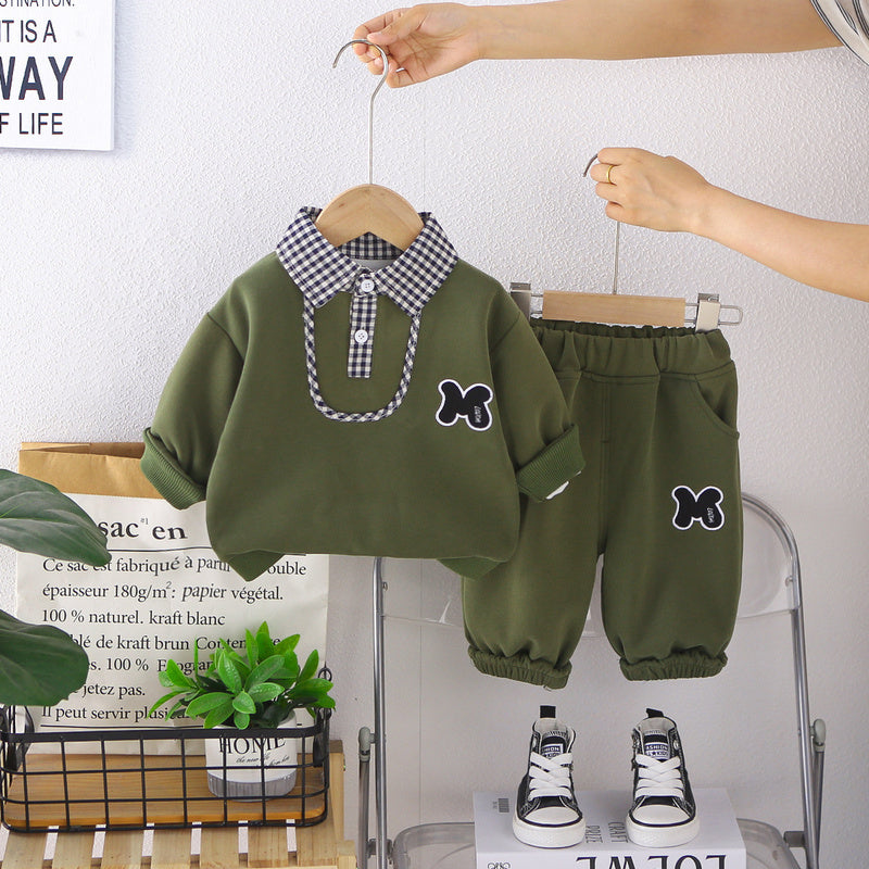 Boys' Outfit 2026 New Fashionable Children's Spring and Autumn Plaid Collar Sweatshirt Two-Piece Set Stylish Baby Trendy