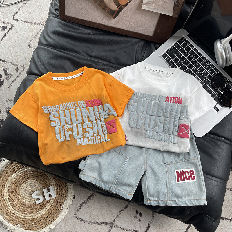 Boys' Stylish Outfit 2026 New Summer Toddler Foam Print Short Sleeve Shorts Set Casual Sportswear