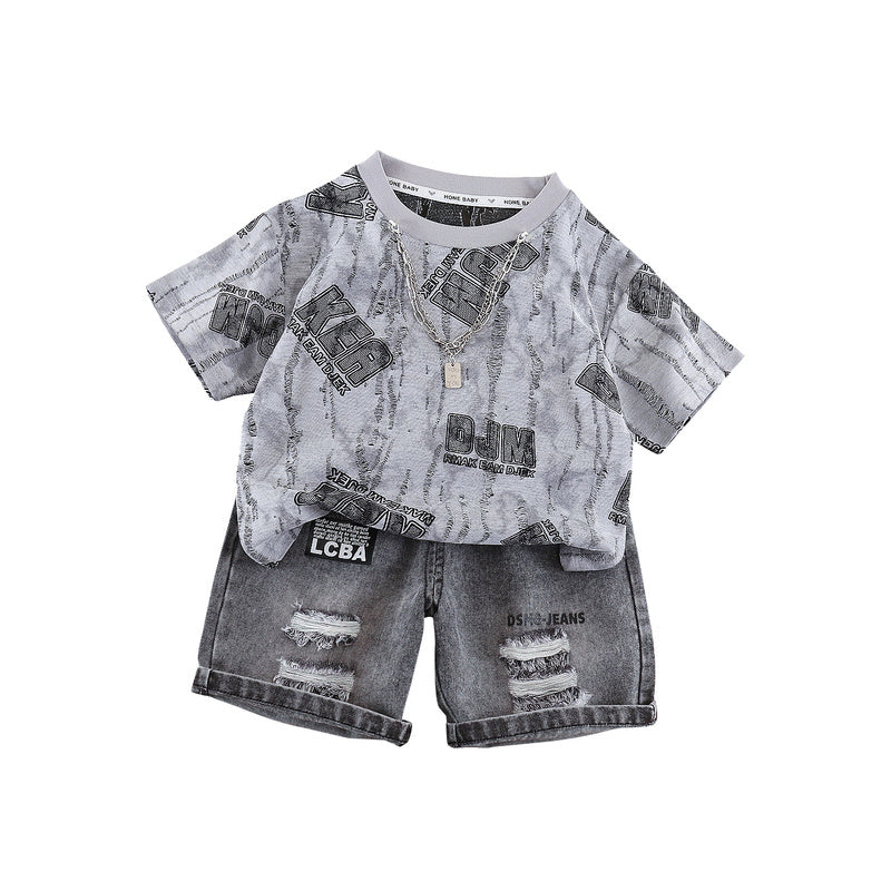 2026 New Summer Outfit for Boys Fashionable Children's Clothing Full Print Hanging Chain Letter Short Sleeve Denim Shorts Two-Piece Set