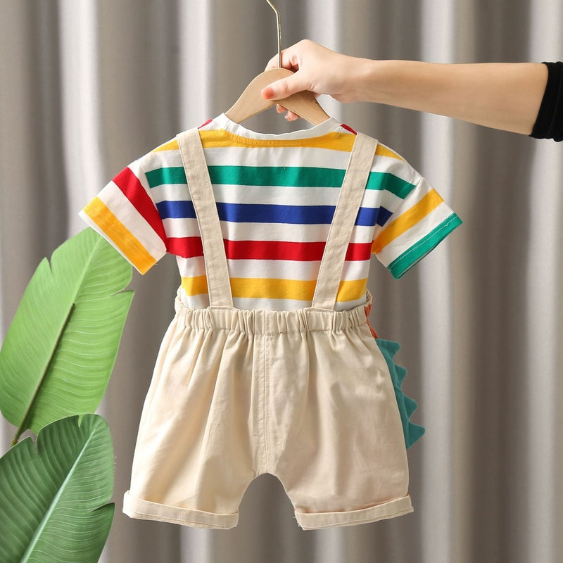 Children's Clothing Short Sleeve Set 205 New Summer Boys and Girls Kids Infant Cartoon Color Striped Dinosaur Suspender Shorts
