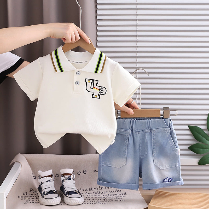 Boys' Outfit 2026 New Korean Style Children's Summer Thin Letter Print Shirt Two-Piece Set Trendy