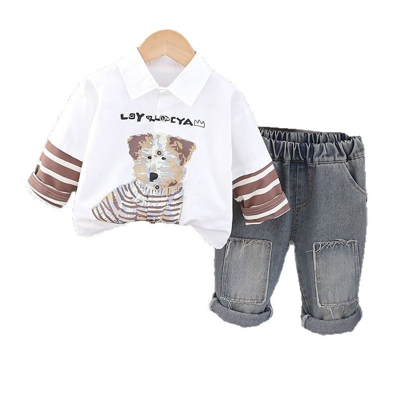 Outfit 2025 New Casual Baby Puppy Patchwork Two-Piece Set Spring and Autumn Infant Boys' Clothing