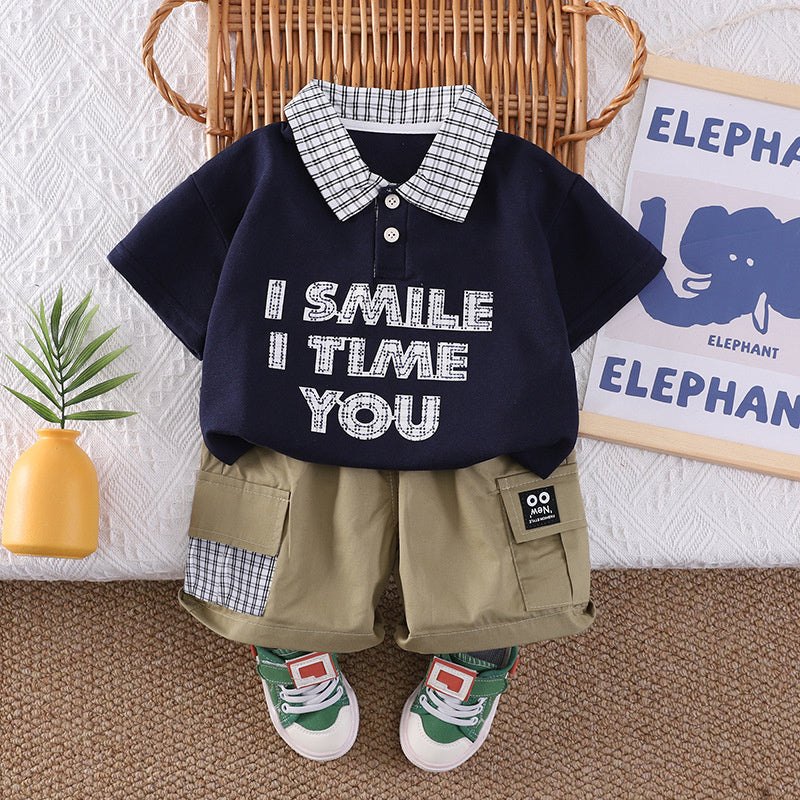 Boys' Summer Outfit 2026 New Style 1-2-3 Years Old, Stylish Plaid Patchwork Short Sleeve and Shorts Two-Piece Set for 4-Year-Olds
