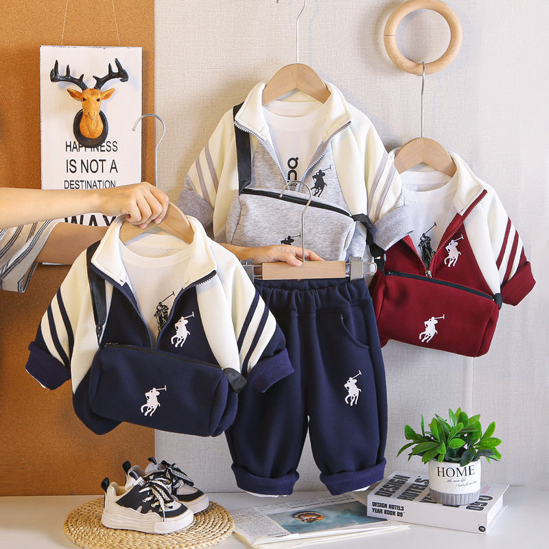 Boys' Casual Sports Suit Korean Style Fashionable Baby Patchwork Embroidery Three-Piece Spring Autumn Children's Outfit