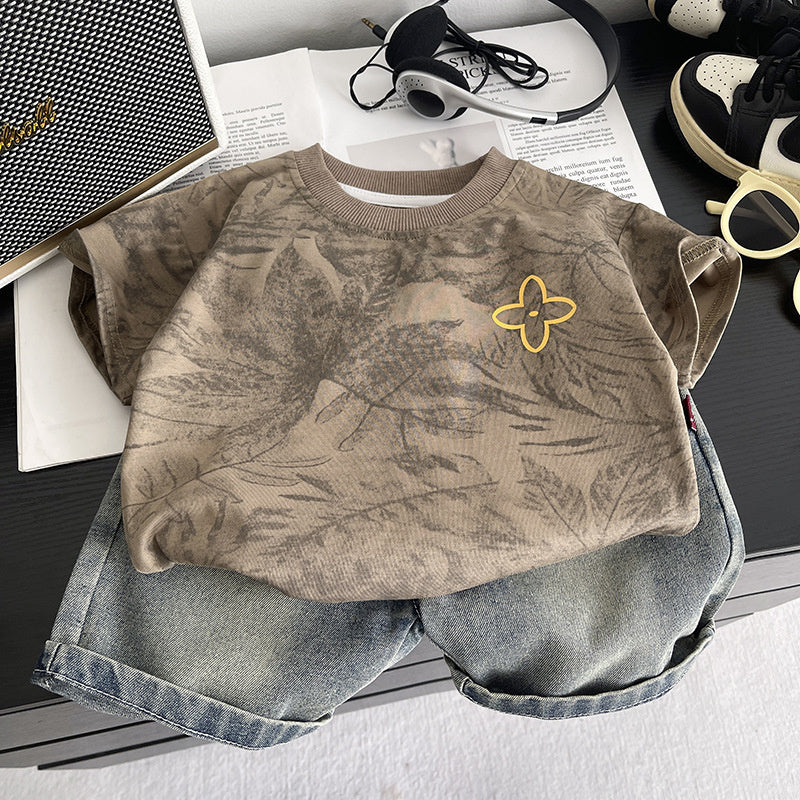 Boys' Outfit 2026 New Stylish Children's Summer Thin Leaf Print Round Neck Short Sleeve Two-Piece Set for Baby Boys
