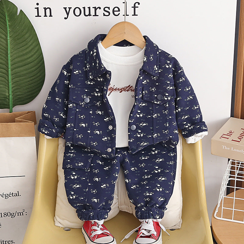 Children's Korean-style spring outfit 2026 new model, fashionable casual long-sleeve floral print three-piece set for girls, trendy baby wear