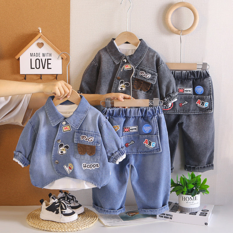 Boys' Spring and Outfit 2026 New Children's Autumn Cartoon Letter Denim Three-Piece Set for Boys