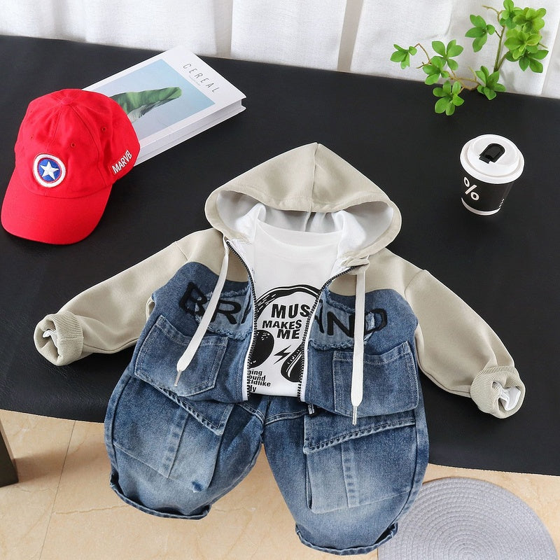 Boys' Outfit 2026 New Fashionable Children's Spring and Autumn Baby Patch Letter Zipper Hoodie Three-Piece Set
