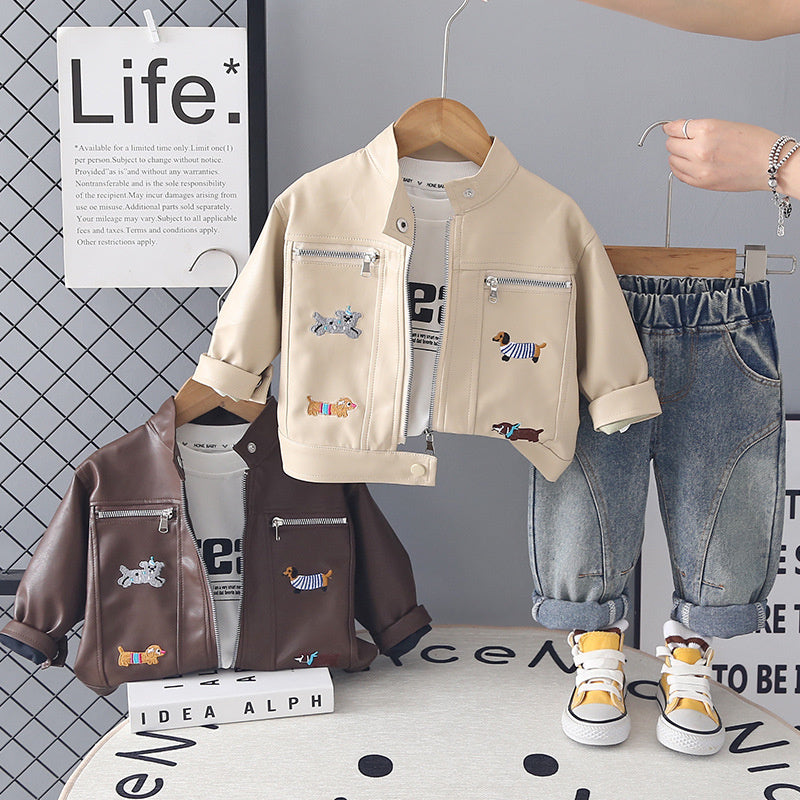 Outfit 2026 New Fashionable Casual Boys' Stand Collar Puppy Leather Jacket Spring Autumn Three-Piece Set