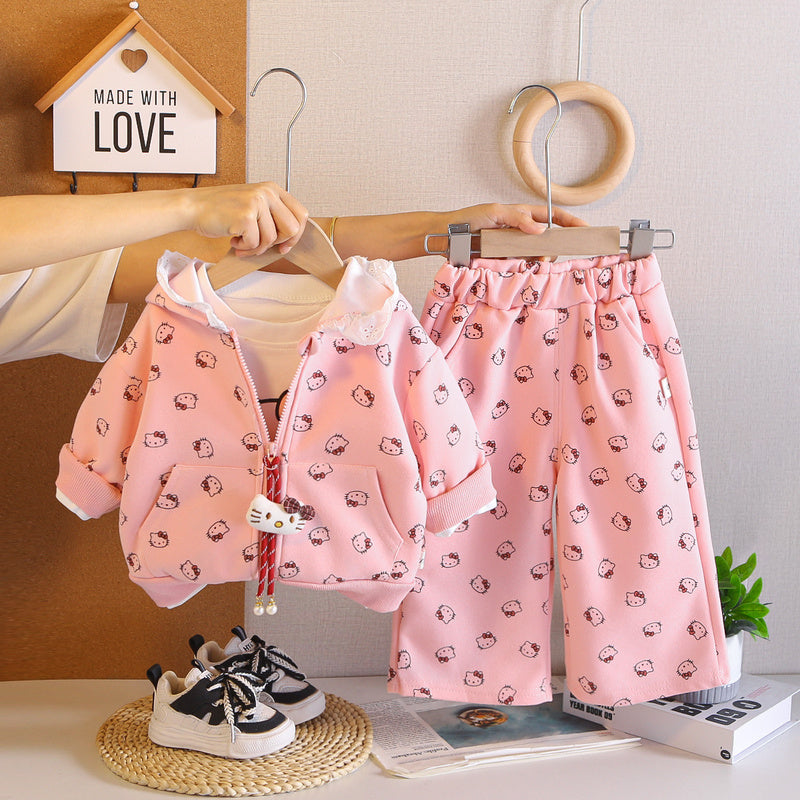 Girls' Outfit Set, Stylish Baby Spring Autumn Full-Body Cartoon Clothes, Infant and Little Girl Three-Piece Set Wholesale