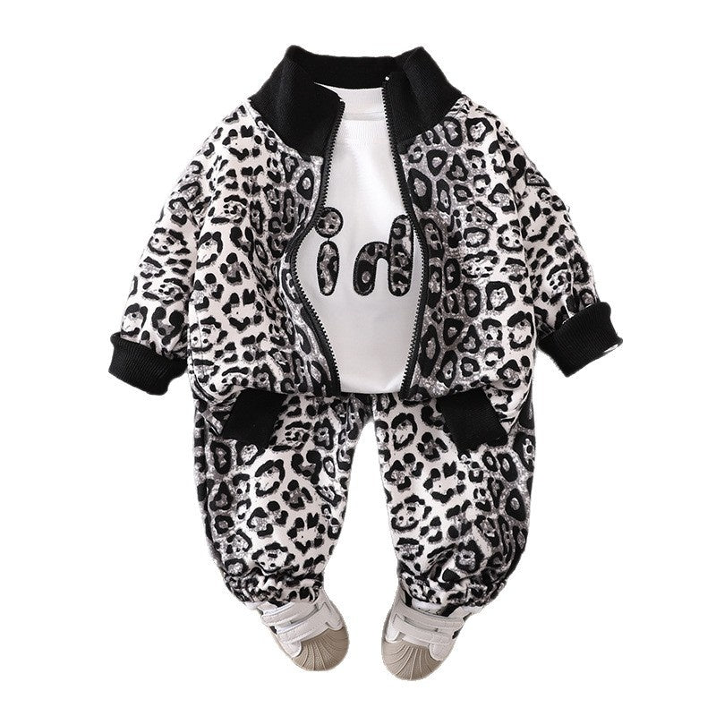 Boys' Clothing Baby Outfit Stand Collar Leopard Print Sports Two-Piece Set 2025 New Infant Spring Autumn Season 1 to 5 Years