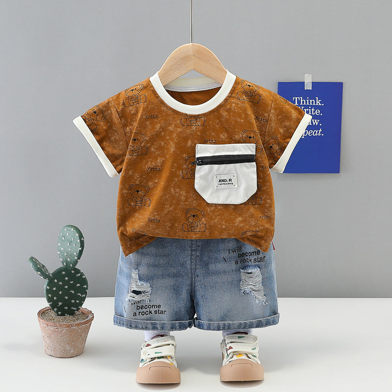 Baby Boy 2026 Stylish Star Bear Short Sleeve Summer Infant Children's Clothes Two-Piece Set Boys' Trendy Outfit