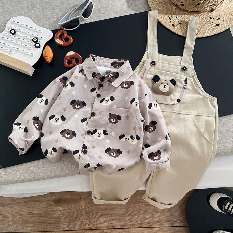 Boys' Outfit 2026 New Children's Spring Autumn Full-Print Puppy Shirt and Overalls Two-Piece Set for Trendy Babies
