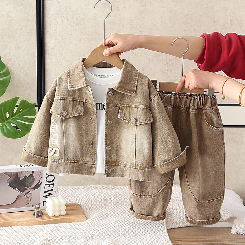 Boys' Outfit with Embroidered Letters, Stylish Baby Denim Spring Autumn Three-Piece Set, New Trendy Infant and Toddler Clothing
