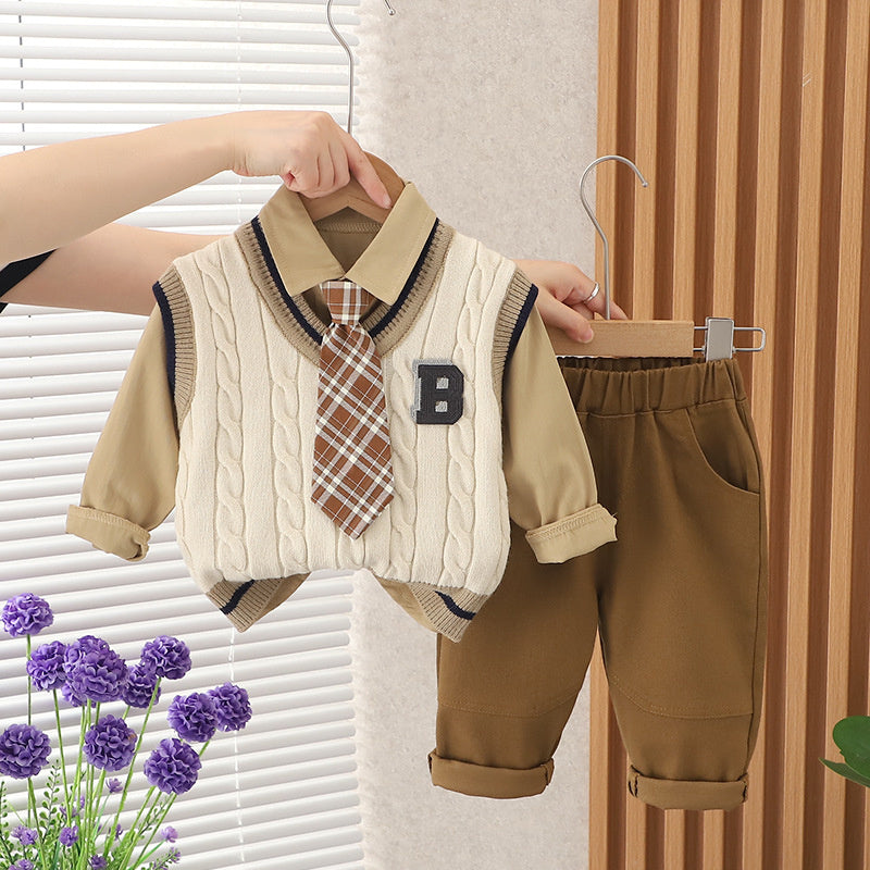 Boys' Autumn Outfit with Tie B-Line Sweater Three-Piece Set 2023 New Style for 1-2-4 Year Olds Casual Fashionable Children's Clothing