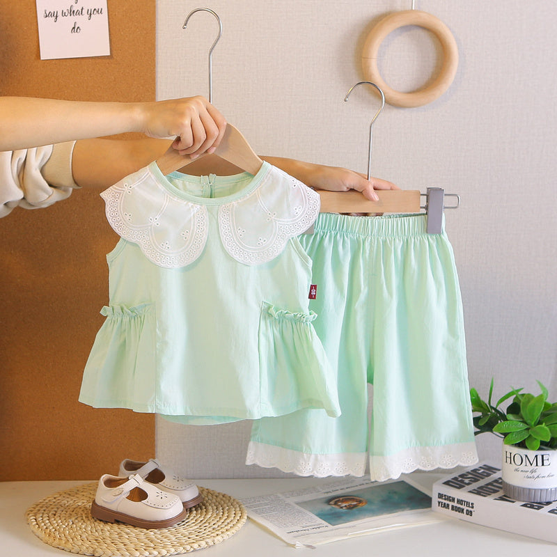 Baby Sleeveless 2026 New Girls' Clothes Summer Outfit Embroidered Collar Shorts Infant Two-Piece Set