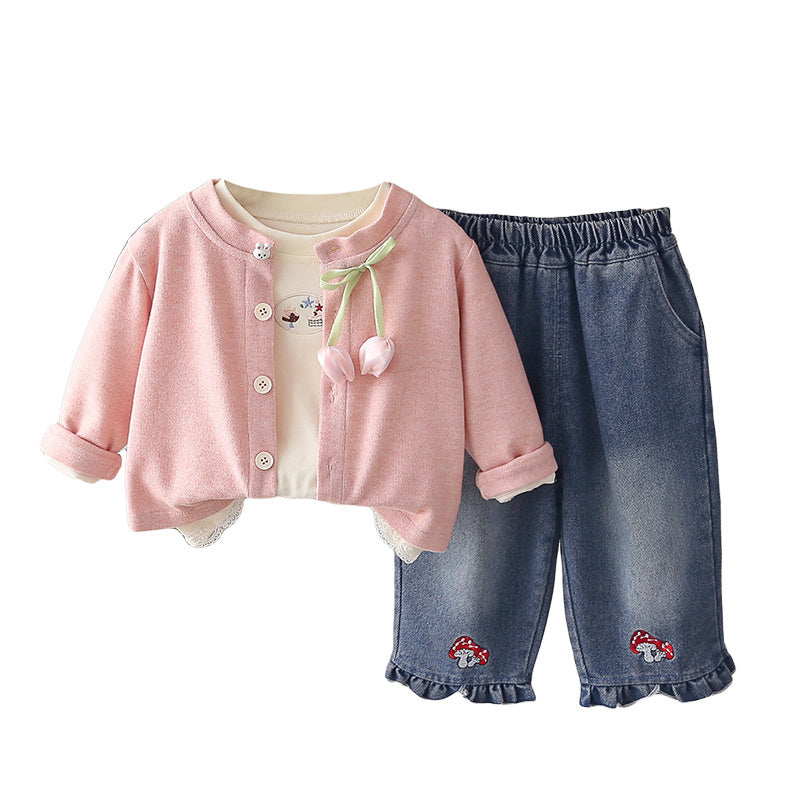 Girls' Outfit 2026 New Fashionable Tulip Cardigan Three-Piece Set Baby Spring and Autumn Casual Infant Children's Trendy Clothing