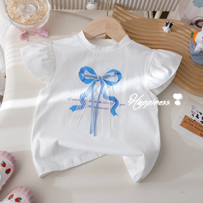 Korean children's clothing girls: outfit with lace bow, flutter-sleeve T-shirt, stylish pleated short skirt, trendy summer wear for girls