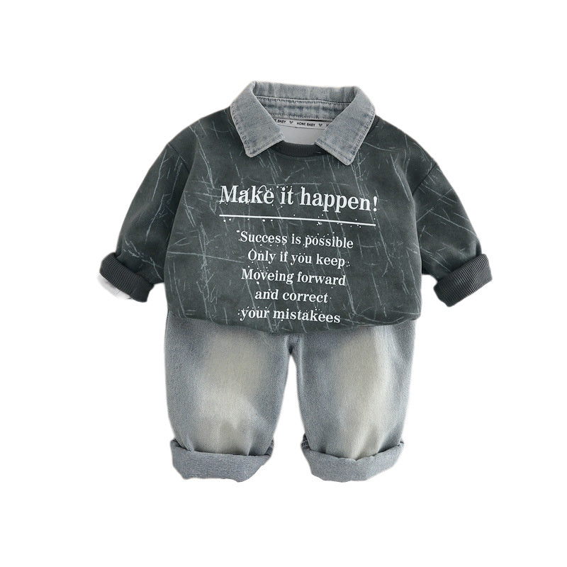 Boys' Suit 2025 New Fashionable Baby Spring and Autumn Korean Style Round Neck Sweatshirt Two-Piece Set