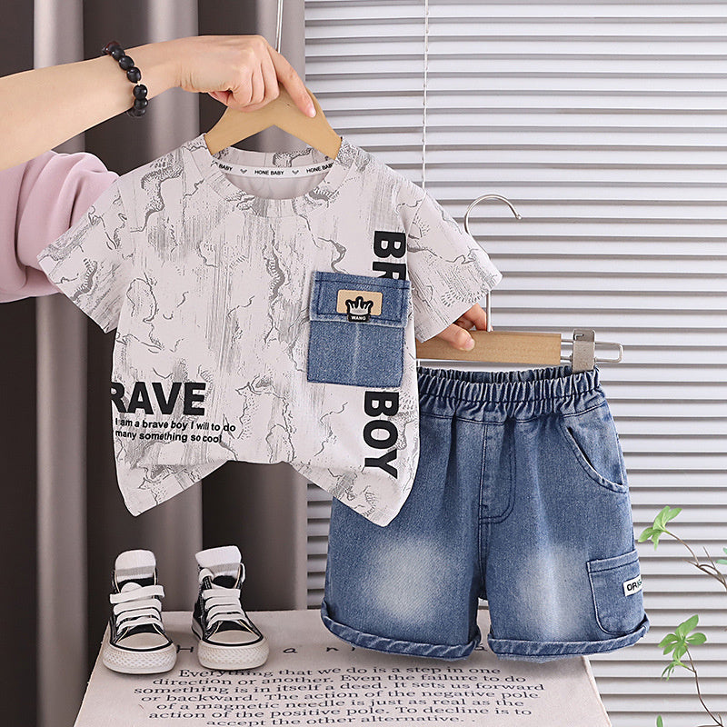 Baby Outfit Set 2026 New Style Boys' Denim Short Sleeve Shorts Infant Children's Summer Stylish Clothes