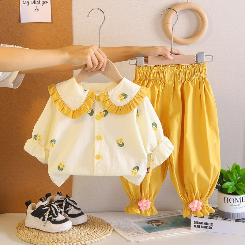 Baby set, children's clothing, toddler girl spring and long-sleeve outfit with small yellow flowers, stylish autumn wear for girls
