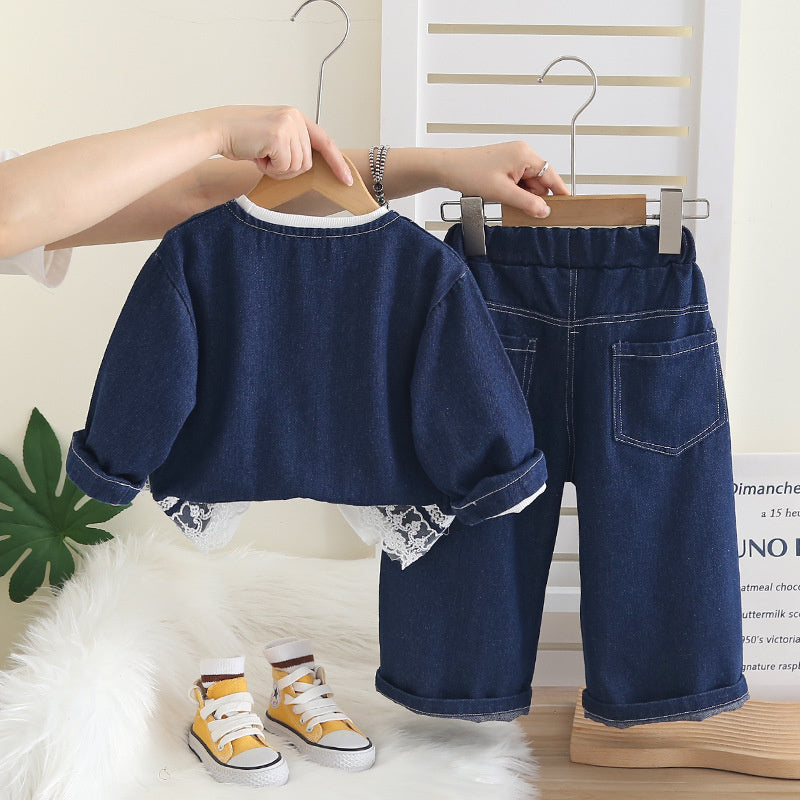 Girls' Solid Color Denim Chic Three-Piece Set Children's Lace Outfit Baby Spring Fashionable Wholesale