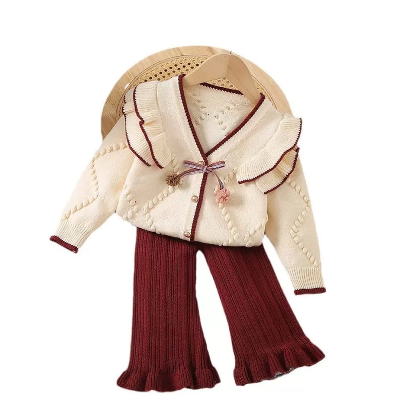 Girls' Sweater Autumn Winter New Baby Girl Ruffled Knitted Cardigan + Stylish Flared Pants Korean Style