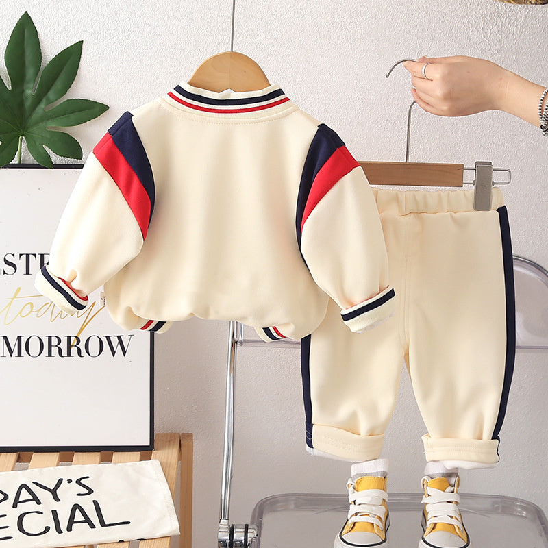 Autumn Outfits for Boys and Girls, Stylish Girls' Spring Color-Block Letter Jacket Two-Piece Set, Trendy Baby Clothes