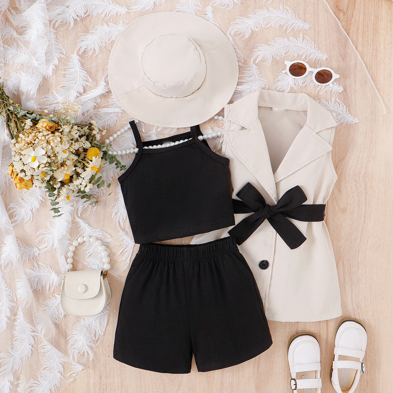 European American summer girls' outfit: four-piece set for young children including camisole, shorts, sleeveless blazer, and hat