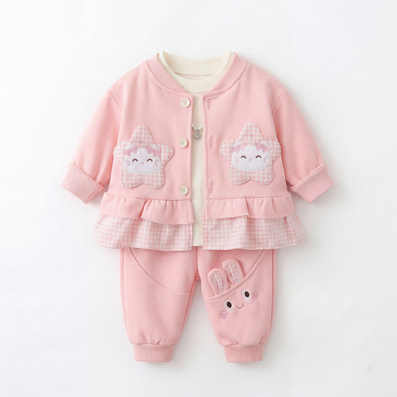 Girls' Autumn 2, Children's Clothing, Fashionable Girl's Star and Cat Three-Piece Set, Spring Outfit for 1-Year-Old Baby Girl