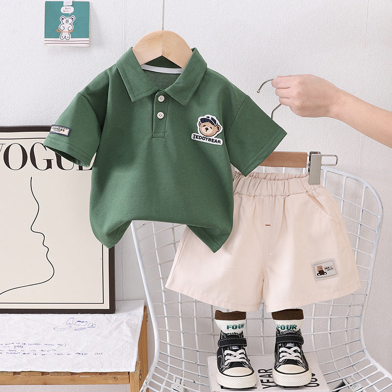 Baby Boy Outfit Boys Embroidered Logo Polo Shirt Short Sleeve Two-Piece Set Children's Summer Clothing for Ages 1-3-5