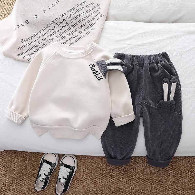 Children's Sweatshirt 2024 New Baby Spring and Autumn Clothes Cute Rabbit Bag Two-Piece Set Trendy